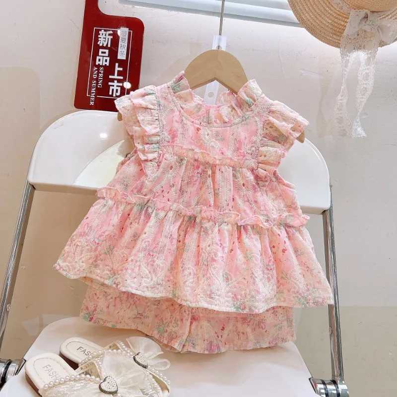 Summer Baby Girl 2PCS Clothing Set Sweet Lace Printed Sleeveless Shirt+Shorts Set Belle Girl Elastic Wiast Shorts Kid Girl Set S2548