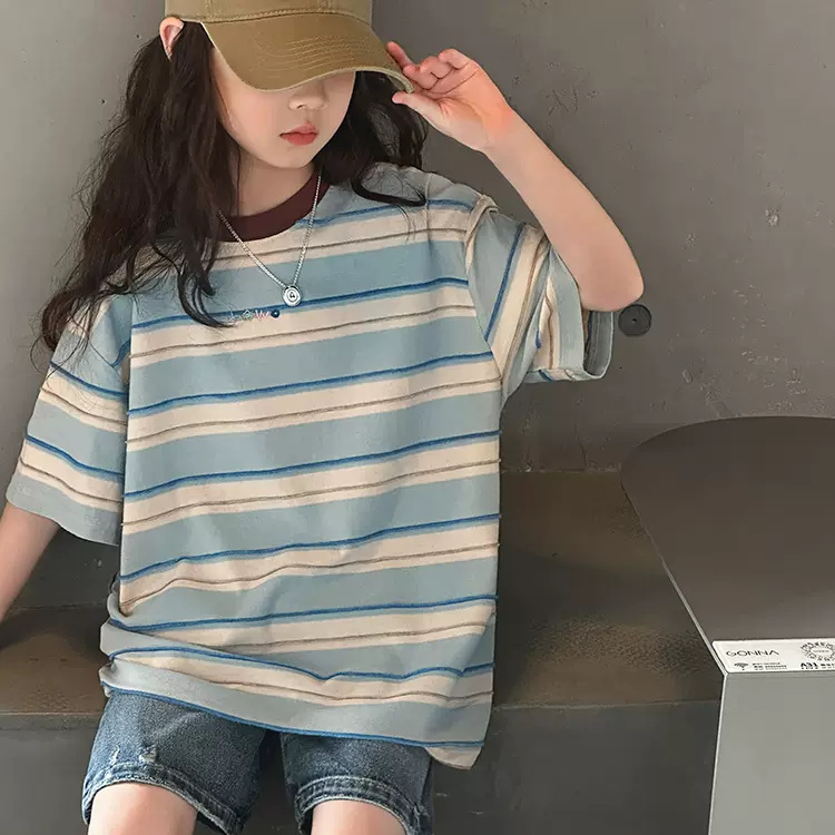 Ddmyshoesvip Fashionable Girls Striped Short Summer New Item Loose Half Sleeved Casual T Shirt For Children Trendy