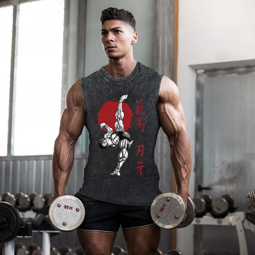 Baki Hanma Anime Graphic Print Vest for Men Gym Tank Tops Vintage Retro Washed Cotton Tees Summer Casual Black Sleeveless Tops 250408
