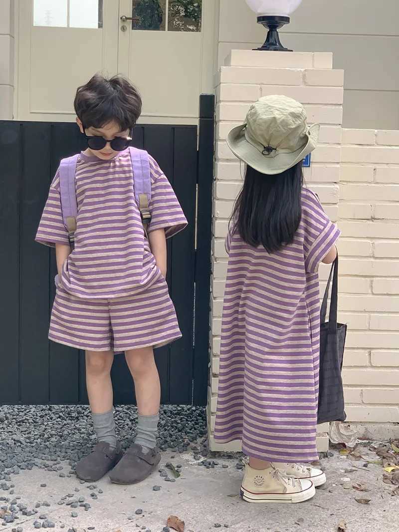 Milanker summer childrens clothing suit striped T-shirt and shorts boys casual suit girls long skirt brother sisters clothing S2548