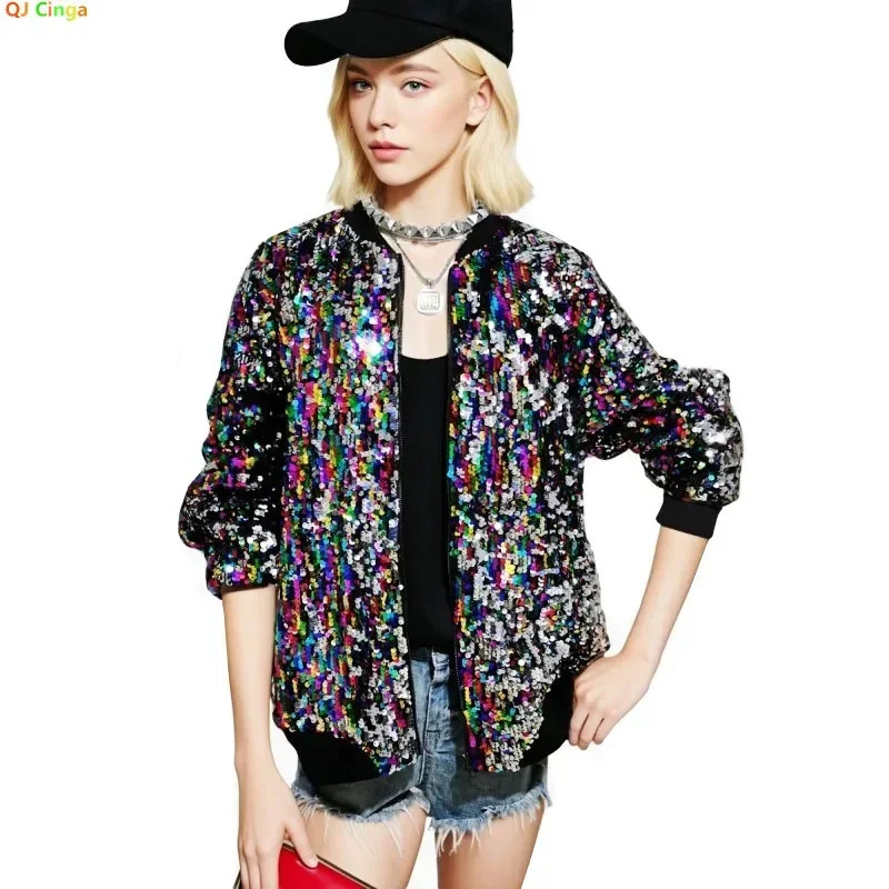 Baseball collar womens sequined long sleeved jacket fashionable casual available in green silver gold and black Asian size S3XL 250409