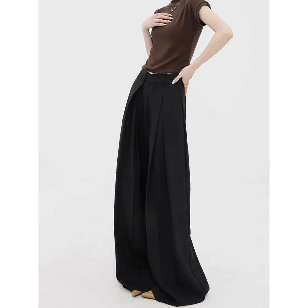 Women's Black Suit High Waisted, Draped Or Mop, Casual Wide Leg Pants, Spring And Autumn Design