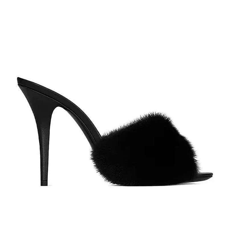 Mink Fur High Heels Women, Slim Heels, Summer New Style, Open Toe Slippers, Sexy Fish Mouth Leather Party Sandals For Women