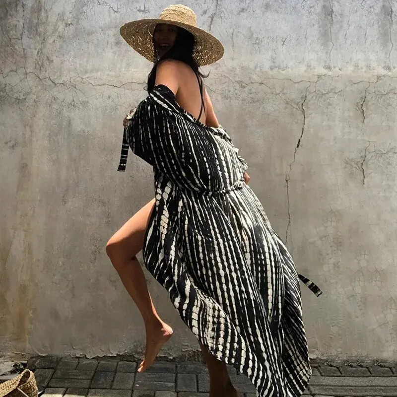 Womens beach cover Ups open front tie dye Maxi top kimono swimsuit belt 250409