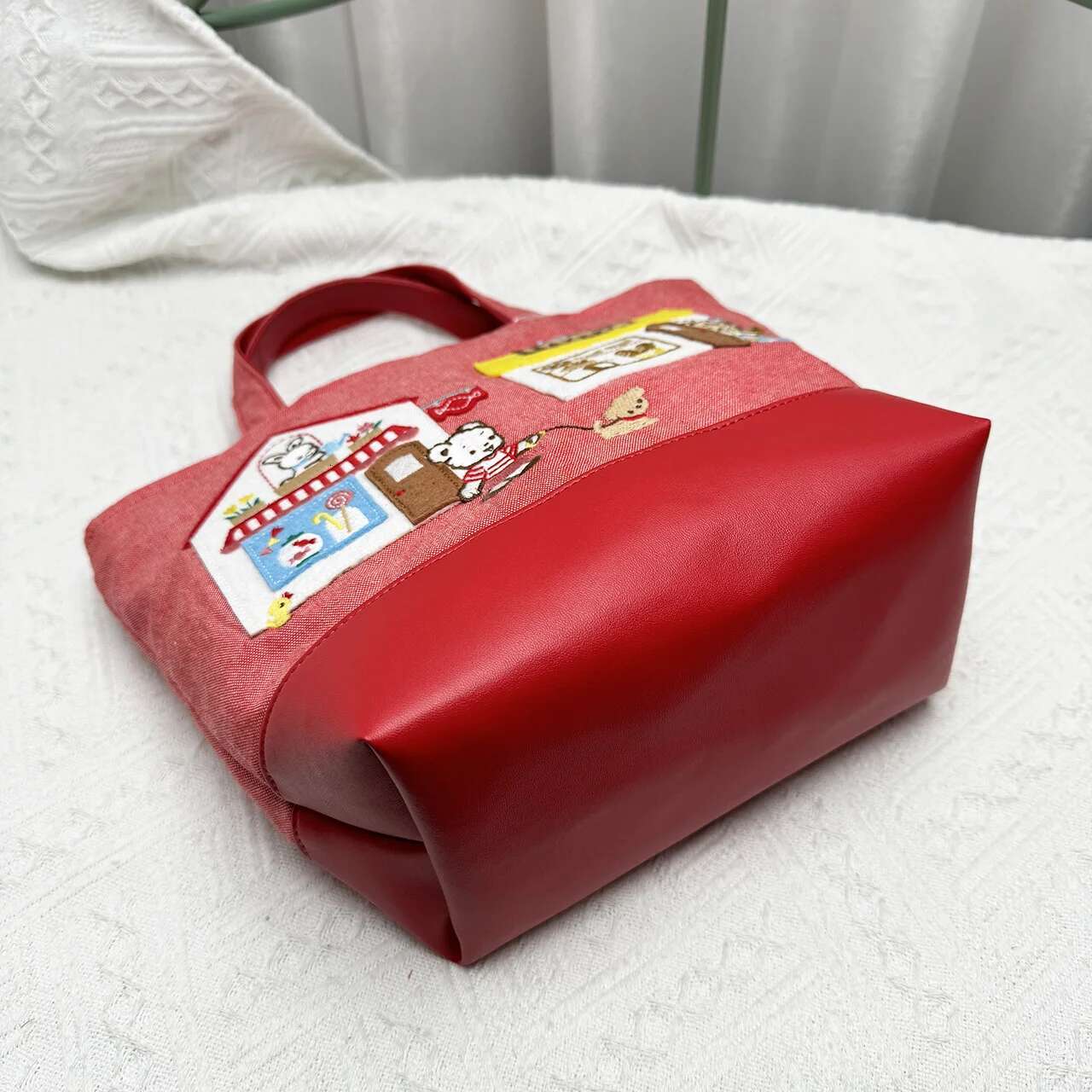 Kawaii Cute Cartoon Ladies Horizontal Solid Colour Square Denim Embroidery Bag Handbag 780601