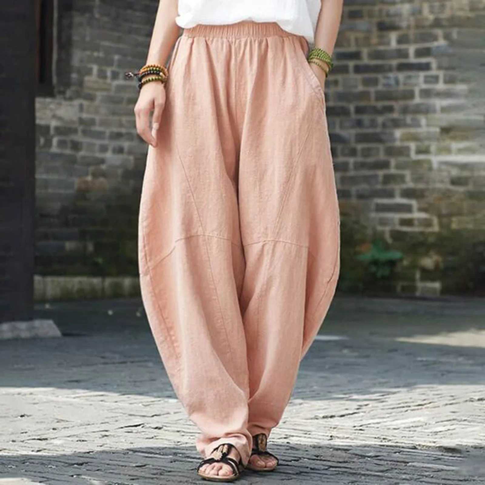 Cotton and linen loose suit womens casual cargo pants solid bag pants womens TrouserXJ250403