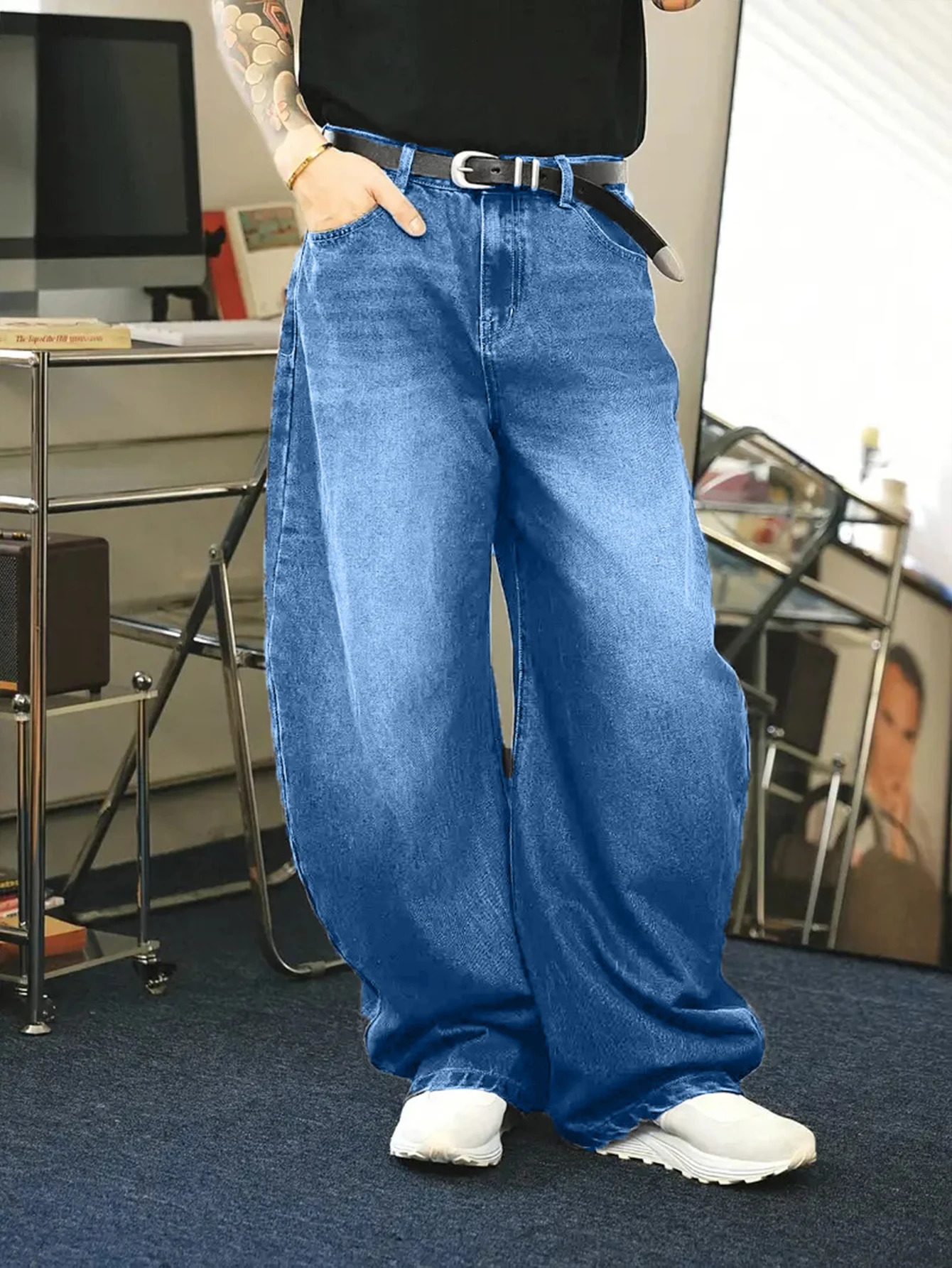 1Pc mens daily travel casual American street loose jeans black light blue sea blue fashion street style retro lantern jeans denim pants 250408