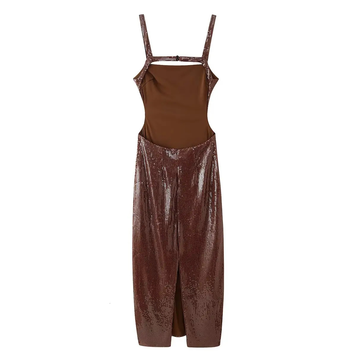 PB ZA Womens Fashion Brown Glitter Midi Dress spaghetti strap square necklace shimmers suitable for parties and outings 250409