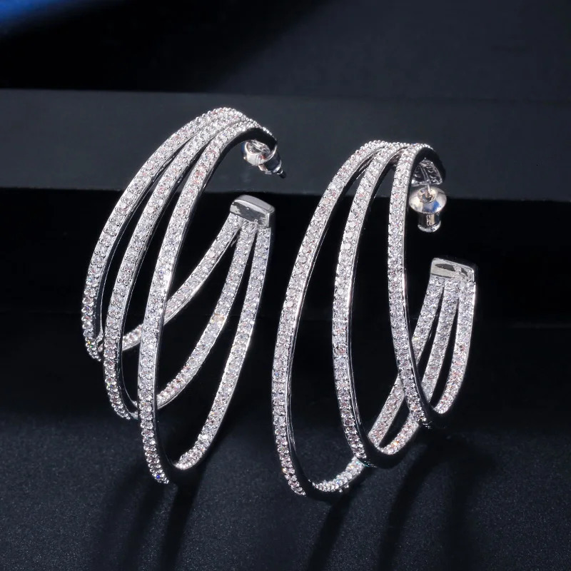 CWWZircons 3 Circle Bling Cubic Zirconia Pave Yellow Gold Color Big Round Geometric Triple Hoop Earrings for Women CZ581 250403