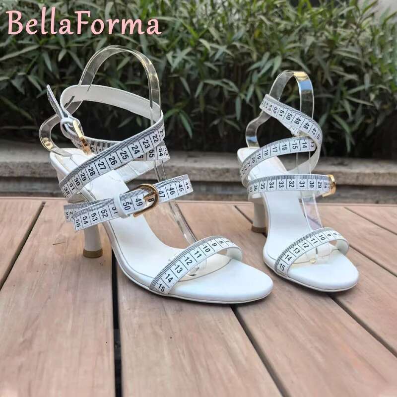 Novelty Tape Measure Shape Women's High Heels Fish Mouth Open Toe Special Heel Banquet Catwalk Niche Design Cross Strap Sandals