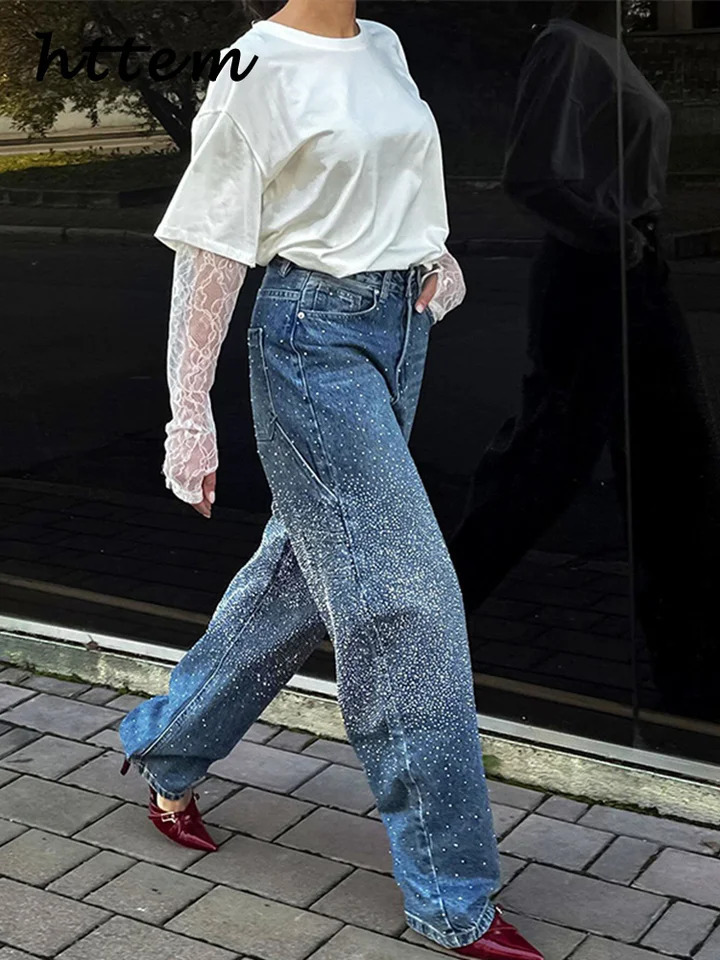 Fashion Womens Rhinestone Jeans Casual High Wait Wide Leg Pockets Denim Pants 2025 Spring Lady Y2k Street Baggy Trousers 250408