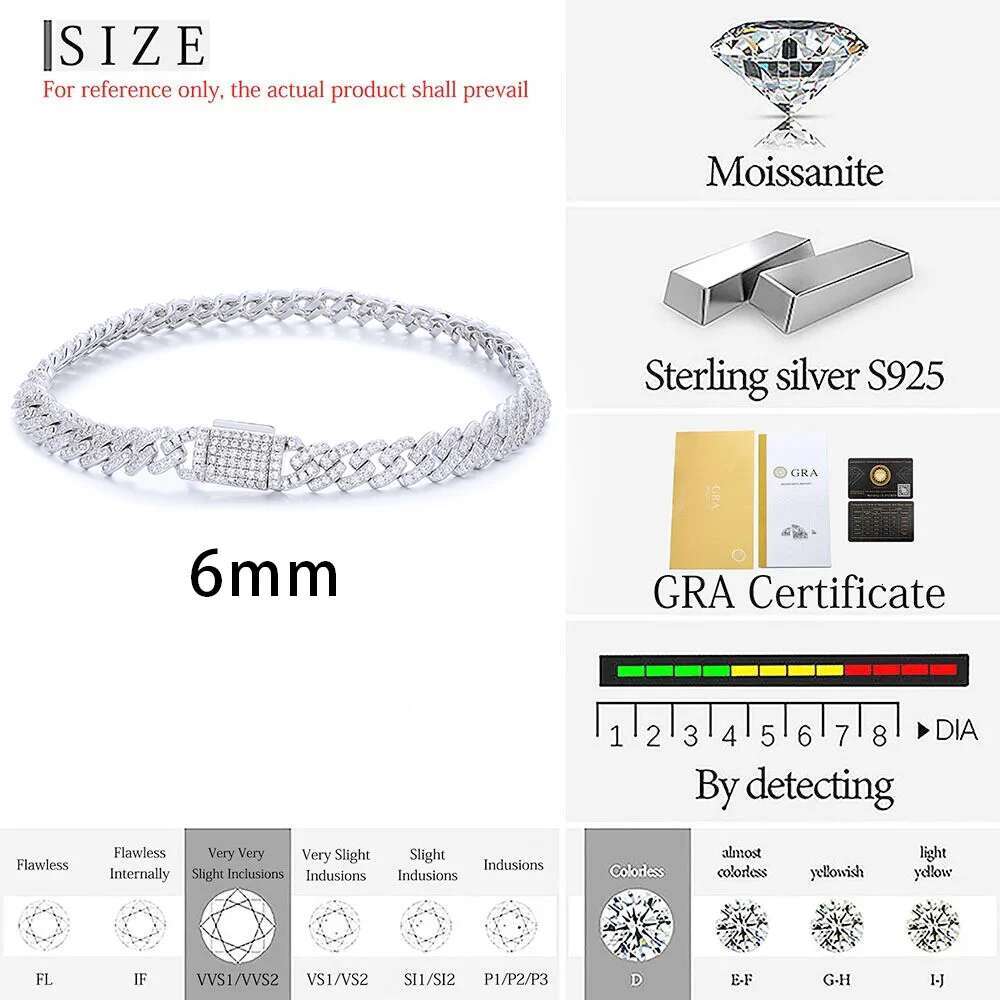 6mm Pass Diamond Test Moissanite Cuban Link Chain 925 Sterling Silver VVS Diamond Iced Out Women Single Rows Thin Necklace