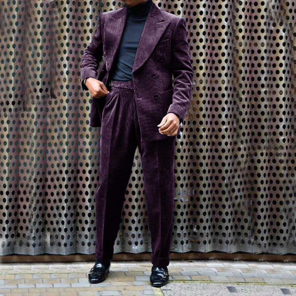 Mens Corduroy Suit Lapel 2 Piece Jacket Pants Double Breasted Party Casual Mens Wedding Outfit Full Suit 250408