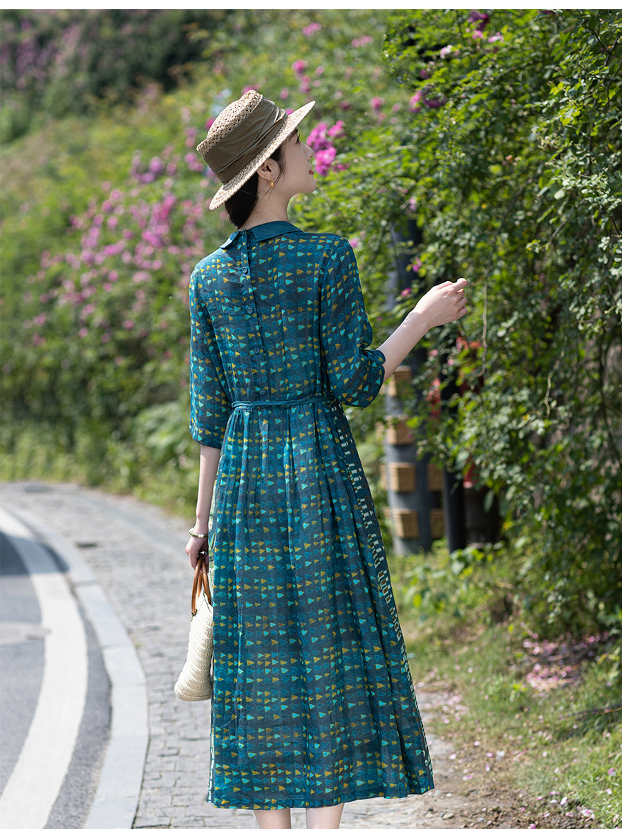 X45Chic Ladies' Ramie Maxi Dress Featuring Unique Literary Printing
