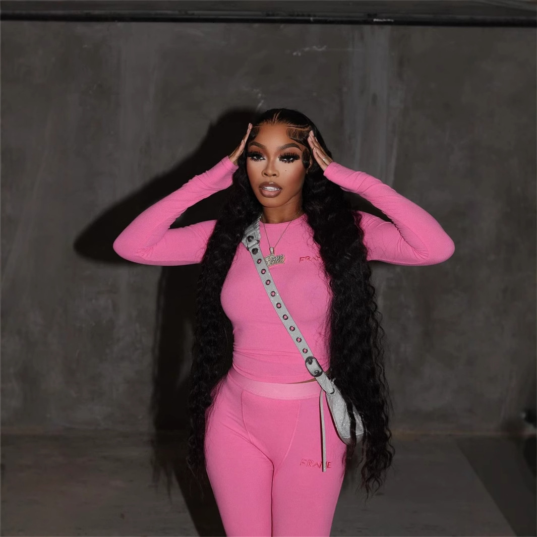 2025S Designer Women S Set New Solid Color Elastic Basic Fashion Sports Trend Sleeved Round Neck Top Long Pants Set