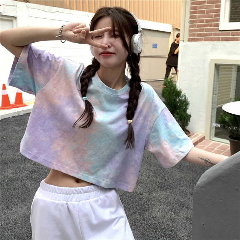 2025S Designer Women S T Shirt Tie Dyed Sleeved T Shirt Women S Summer New Design With Exposed Navel Short Style Spicy Girl Trendy Clothes For Student