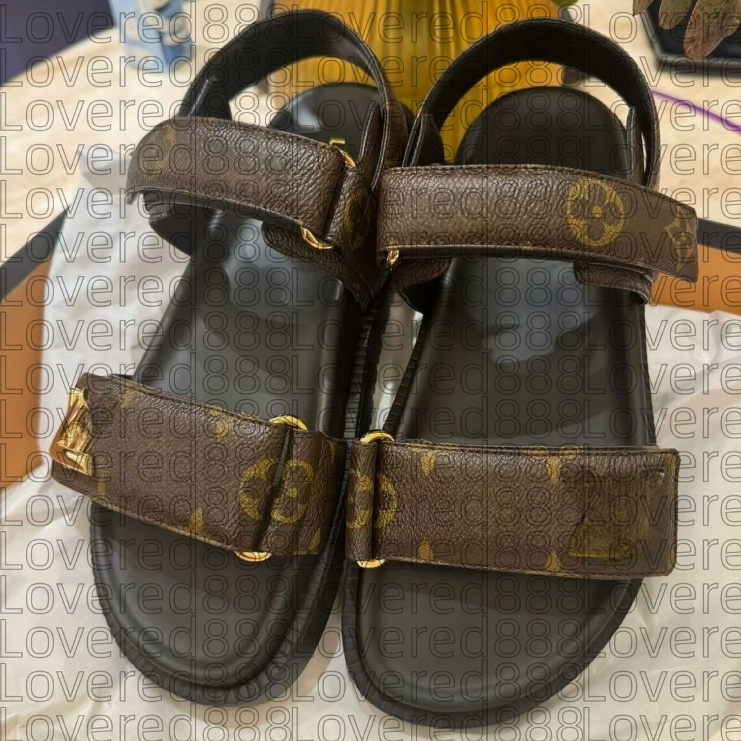 2026 Summer Designer Brown Black Flat Slippers Slides Brand Sandals Men Women Shoes Real Cow Leather Beach Sandals 2 Straps Adjusted Gold Buckles Shoes Size 35-45