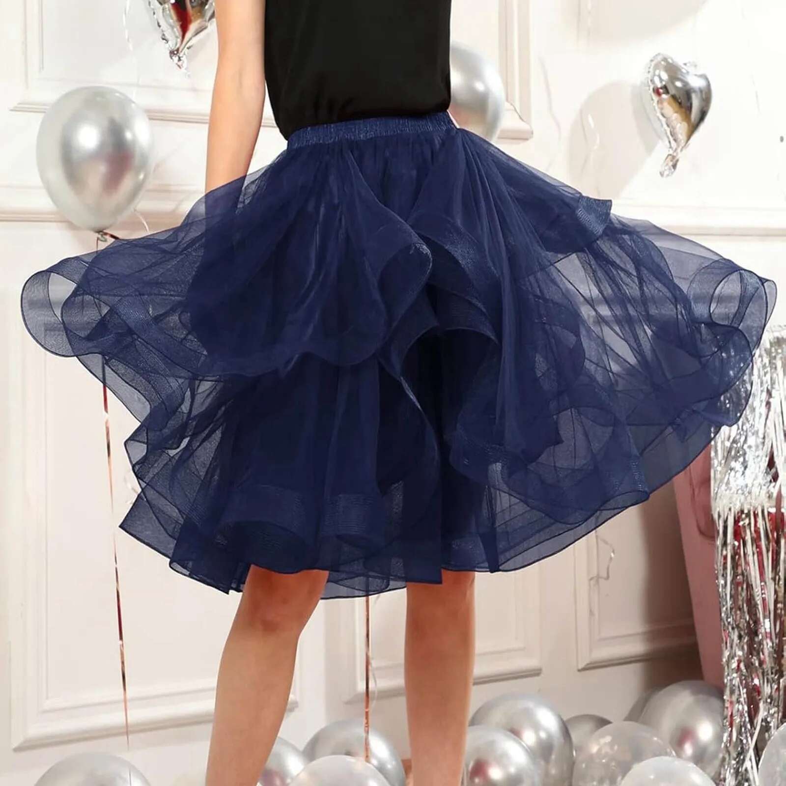 Dongdumaoyi Tutu Fluffy Skirt Women S White Elastic High Waist Performance Party A Line Knee Length Skirts Elegant Ruffle Multi Layer Faldas