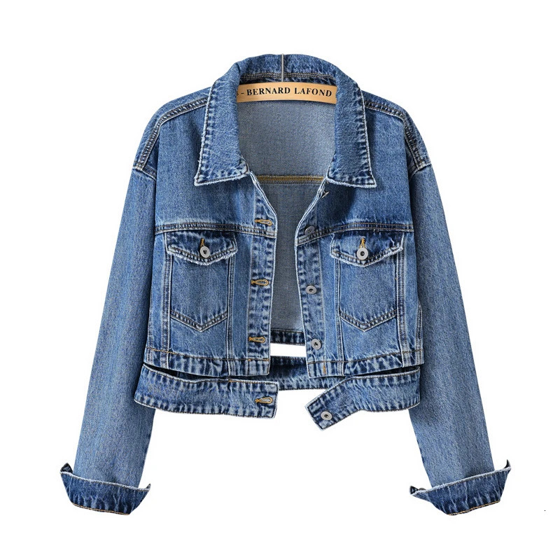 Womens shorts denim jacket fashionable casual coat black lapel single breasted long sleeved womens S M L XL XXL 250409
