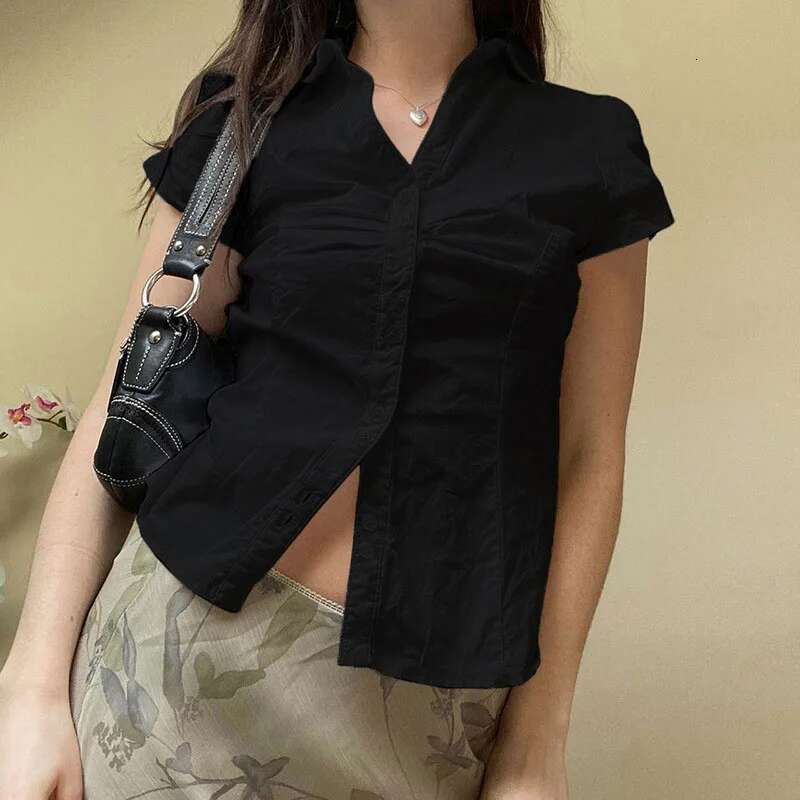 Women's Vintage Folds Crop Top Y2K White Button Up Short Sleeve Blouses Woman Fashion Bandage Streetwear Cropped T-Shirt Summer