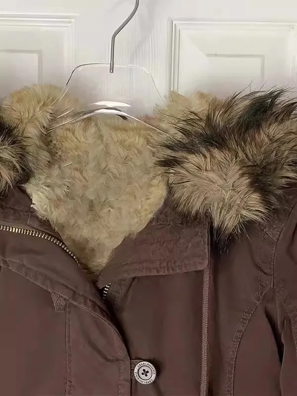 Gothic Fashion American Vintage Y2K Fur Lined Warm Jacket Womens Brown Zipper Hooded Coat Autumn and Winter Warm Casual Coats 251106 - view 4
