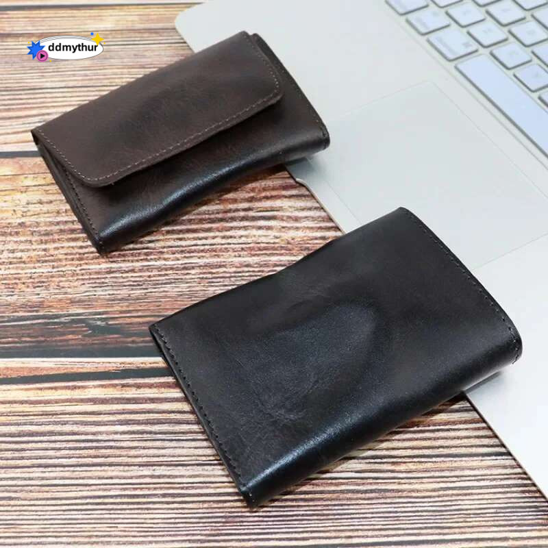 Genuine Leather for Men Women Vintage Handmade Short Credit Card Case Purse with Coin Pocket Small Slim Wallet Male ddmythur