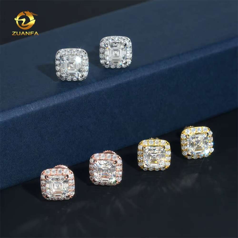 Ready to Ship Hip Hop Earring 925 Silver Asscher Cut 1.5ct Halo Men VVS Moissanite Earrings