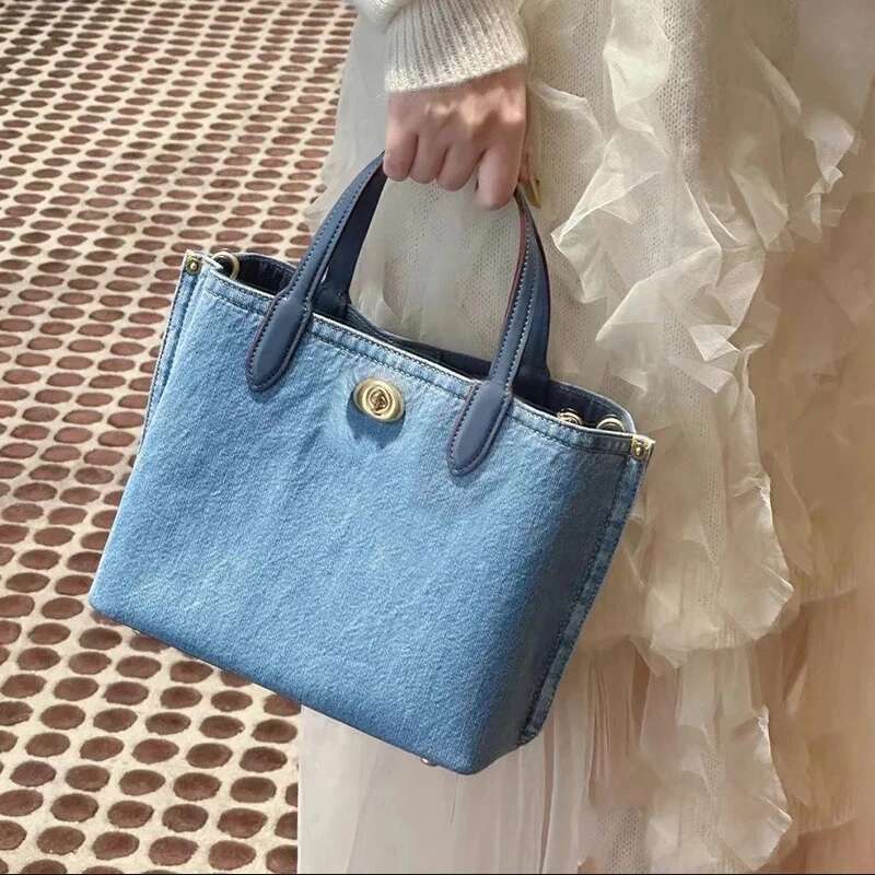 England Style Denim Small Tote Bags For Women Designer Handbags Purses 2024 New In Vintage Lock Top Handle Cloth Shoulder