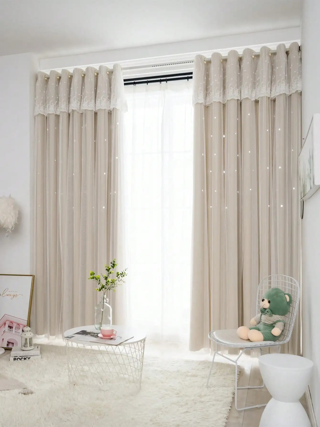 Ins French Light Deluxe Double Layer with Transparent Lace Curtains Suitable for Girls Bedroom Living Room Villa Decoration 250409