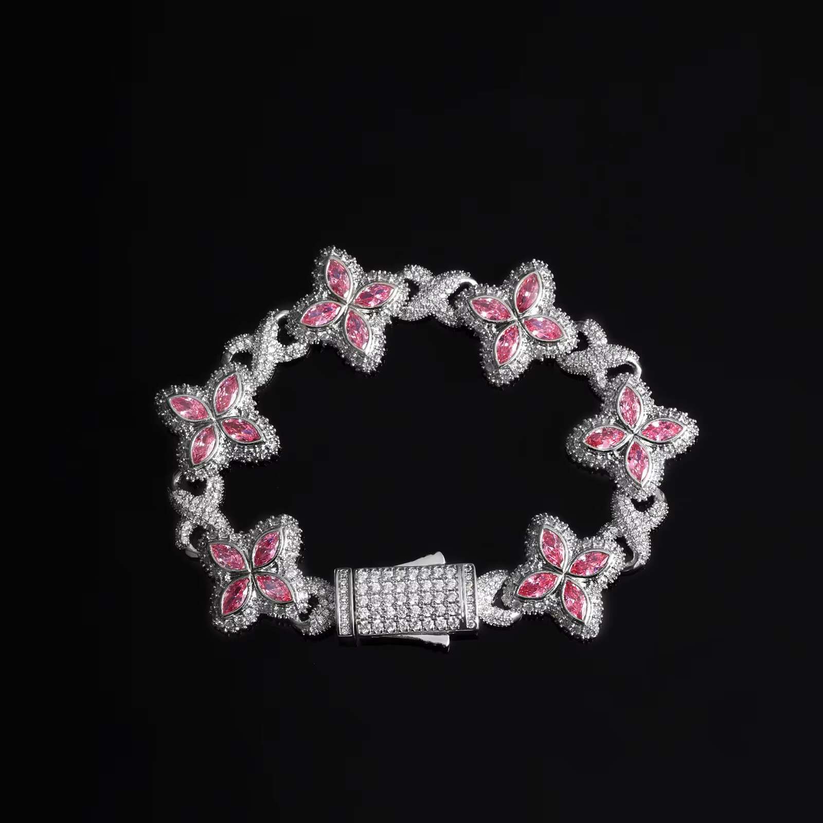 New Design Hip Hop Pink White Colorful CZ Clover Bracelet Necklace Brass Iced Out Flower 5A Zircon Diamond Cuban Chain