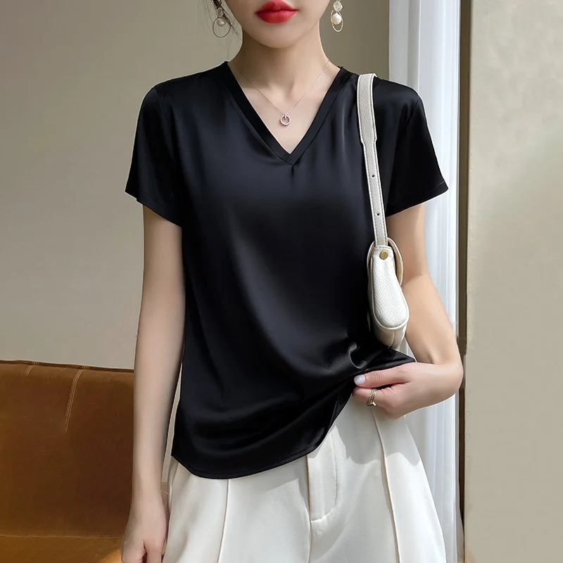 summer basic solid womens T-shirt V-neck short sleeved tee top satin silk elegant thin womens shirt 250402