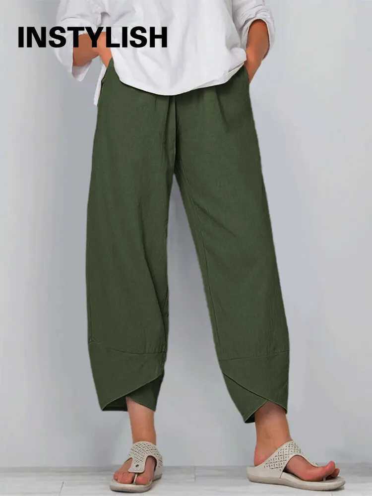 Womens cotton linen harem pants with retro print wide leg Trouser casual solid pocket Harajuku high waisted pocket pants for runnersXJ250403