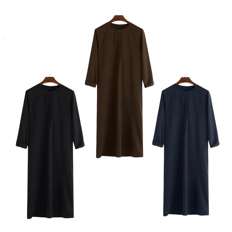 Zipper Mens Islamic Arab Thobe Robe Dishdasha Muslim Abaya Kaftan Dress Thoub Jubba Eid al Fitr Clothing 250409