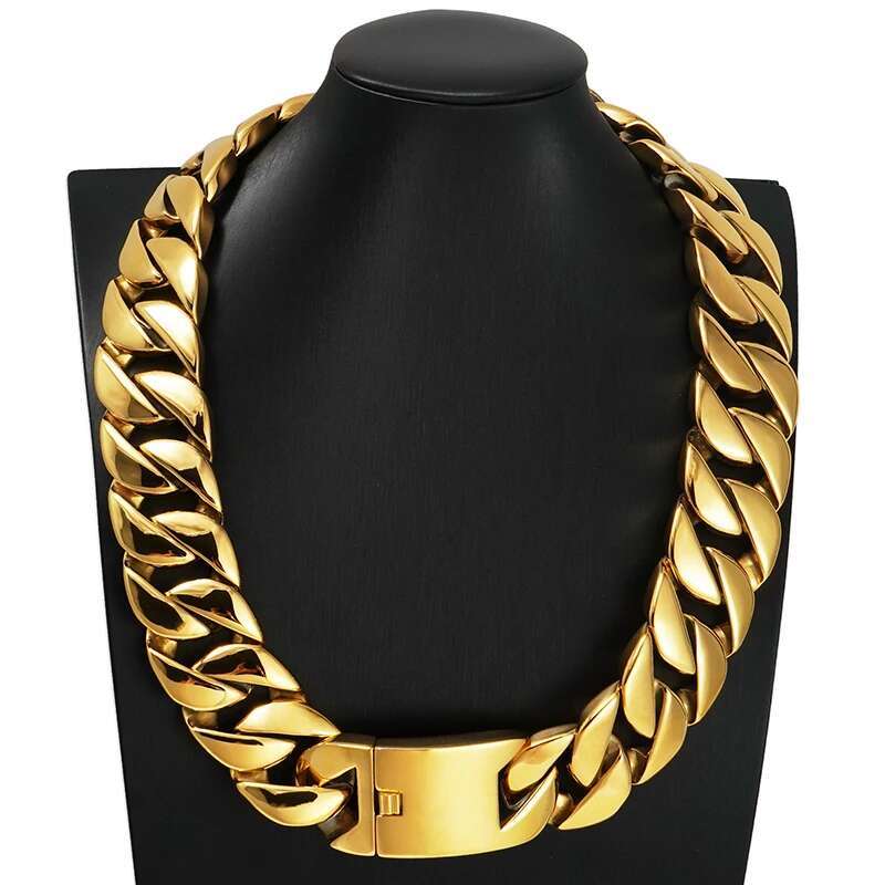 European and American 32mm wide and thick Cuban chain stainless steel bracelet necklace mens and womens gold color jewelry