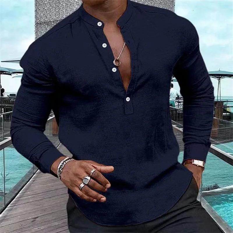 Mens Long Sleeve Solid Color Half Cardigan Henley Collar Top Shirt Casual Summer Pink Long Sleeve Hawaiian Vacation Shirt 250409