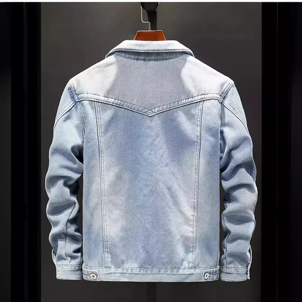 Mens denim jacket single chest cardigan lapel loose solid pockets casual thick patchwork buttons 250409