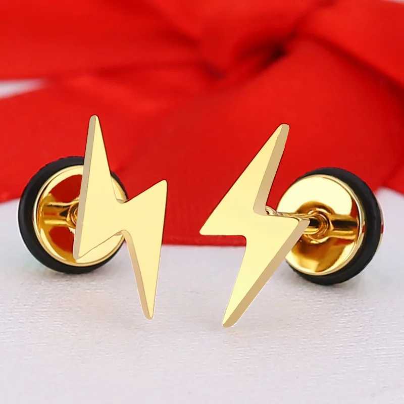 Punk Titanium Lightning Stud Earrings For Men Stainless Steel Round Cake Black Earrings Screw Piercing Jewelry Party Gift Z250408