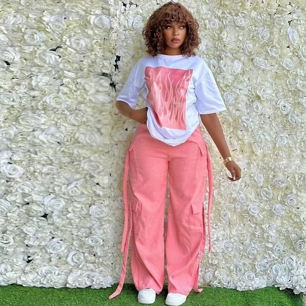 2piece womens large stone wood African summer clothing spring fashion short sleeved top and pants party set matching 250409