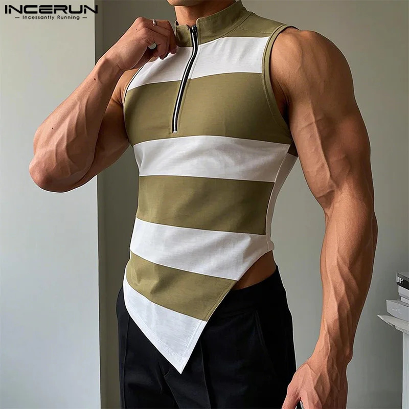 INCERUN Mens Tank Top Sleeveless Striped Three way Irregular Clothing Summer Bracket Collar Zipper 250409