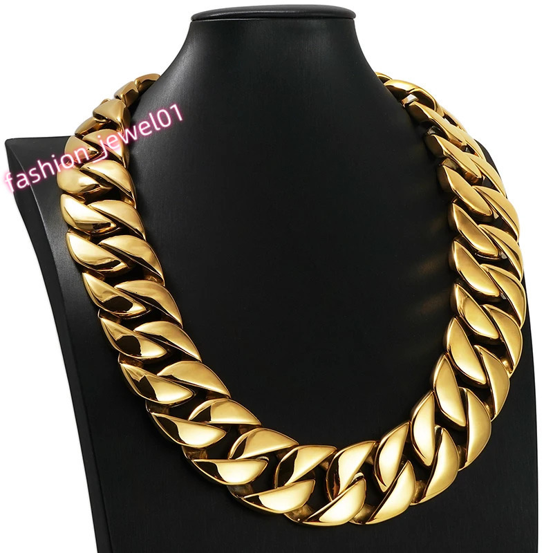 European and American 32mm wide and thick Cuban chain stainless steel bracelet necklace mens and womens gold color jewelry