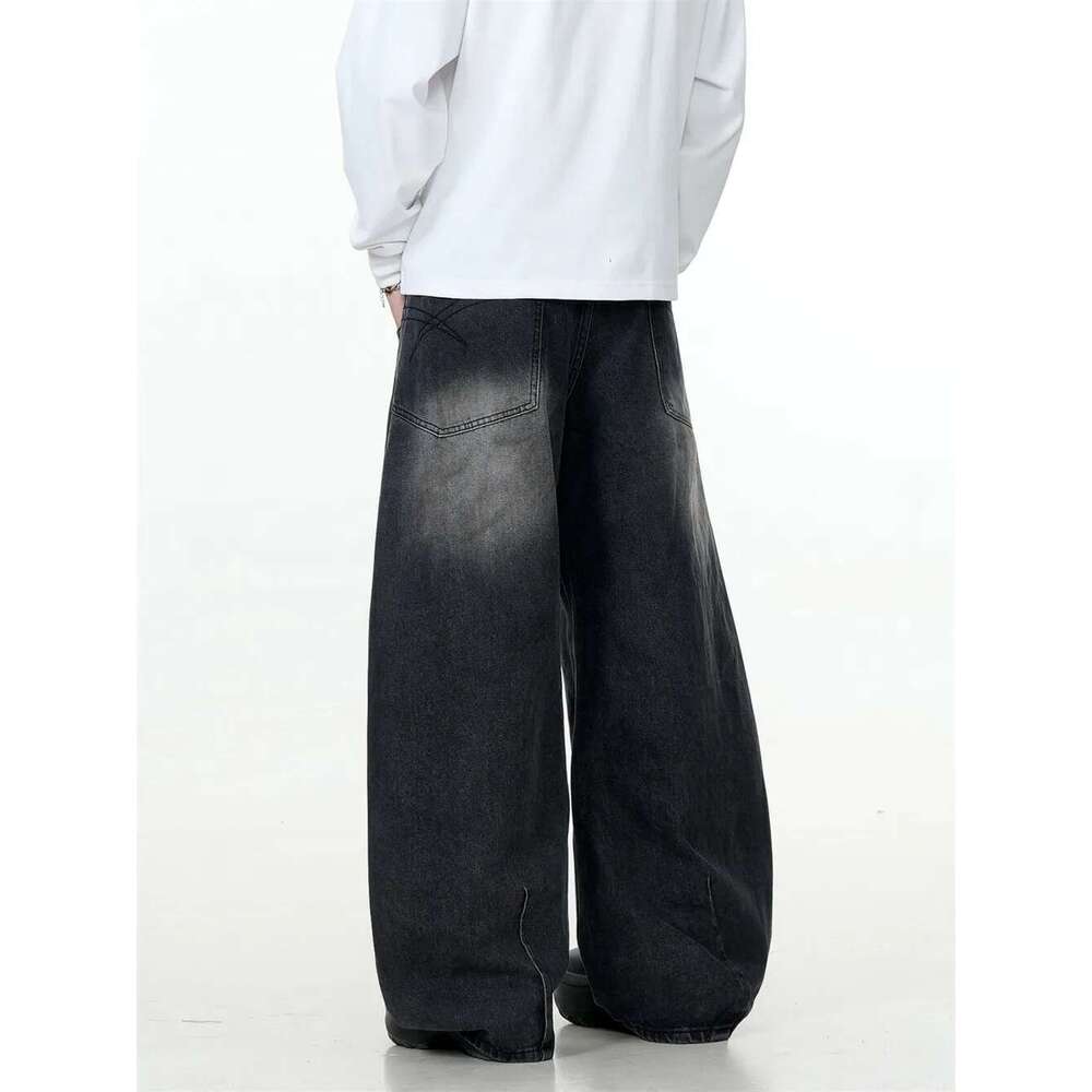 Dark Dirty Wash Jeans Mens Pleated High Street Loose Wide Leg Washed Distressed Denim Pants Men