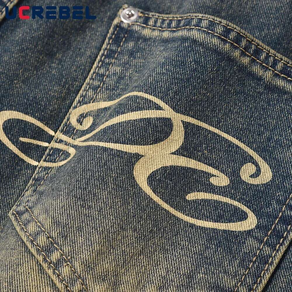 Retro Casual Denim Wide Leg Mens Y2k Streetwear Washed Blue Straight-Leg Pants Men Jeans