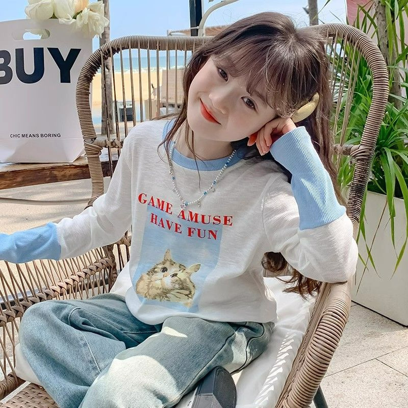 Ddmyshoesvip Spring And Autumn New Fashionable Medium Large Children S Color Contrast Long Sleeve Base T Shirt Trendy Printed Little Girls Top