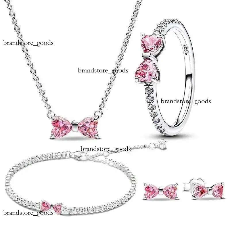 2025 Valentine's Day New Silver Earring Pink Bow Ring Bracelet For Women Gift Anniversary S925 Chain Link Fine Jewelry 740