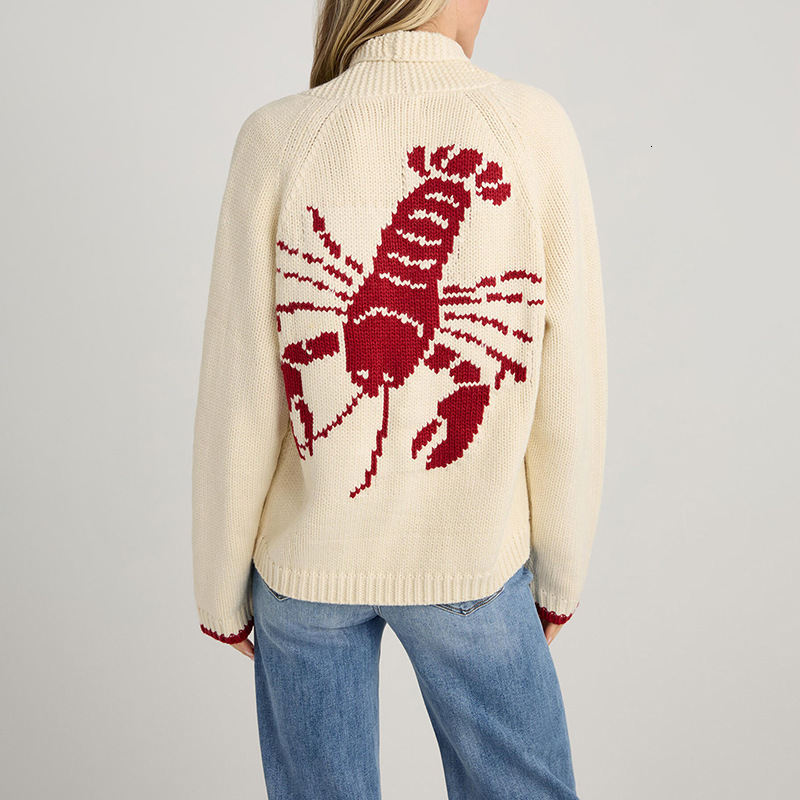 2024 Winter Sweater Womens Casual Commuter Single breasted Cardigan Long Sleeve Shrimp Printed Knitted Cardigan