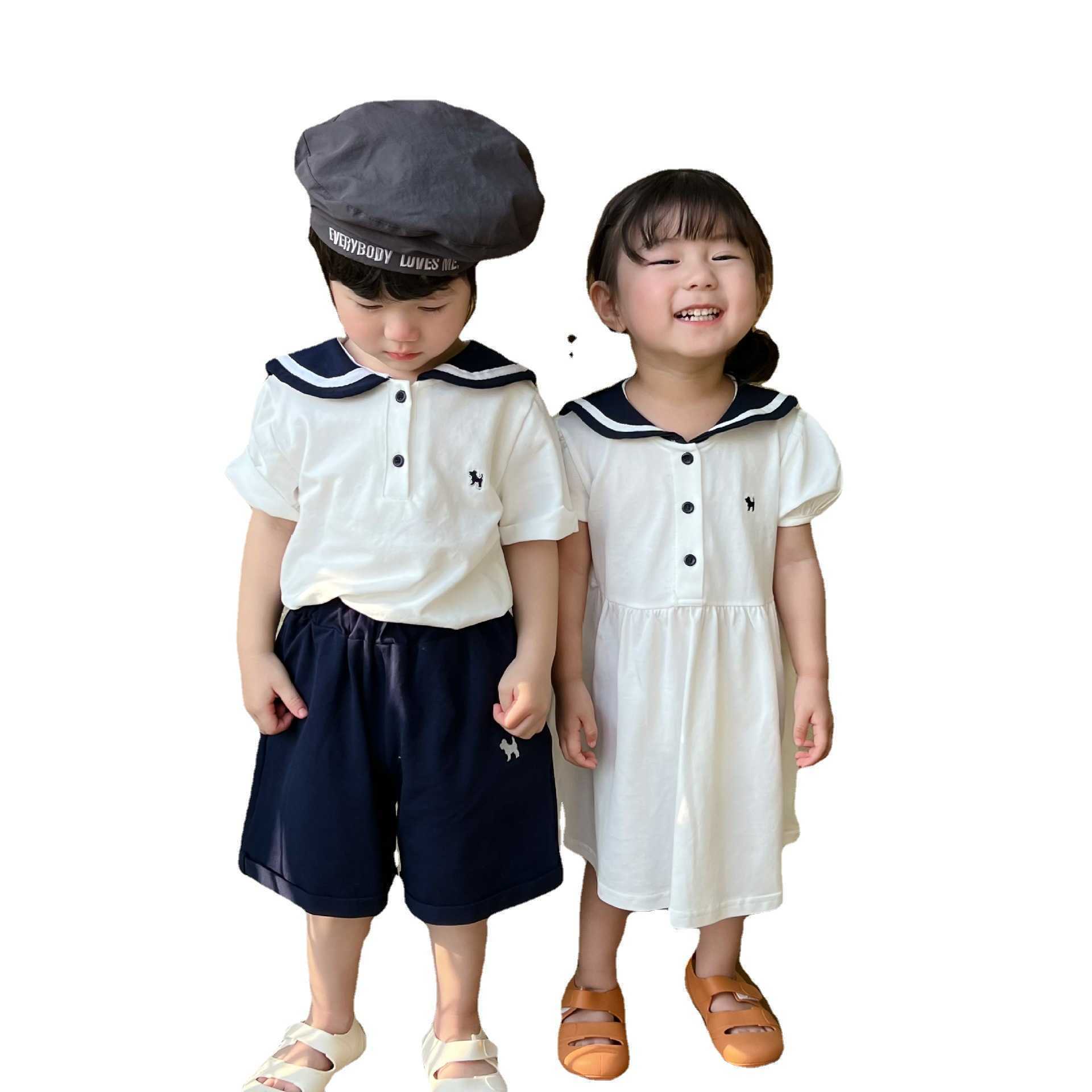 Brother and sister outfit summer new style boys navy collar short sleeved shorts set girls college style dress childrens set S2548