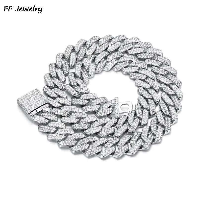 14mm Blue/pink Cuban Link Chain For Men Iced Out Rhinestone Miami Necklace Choker For Women With Box Clasp Hip Hop