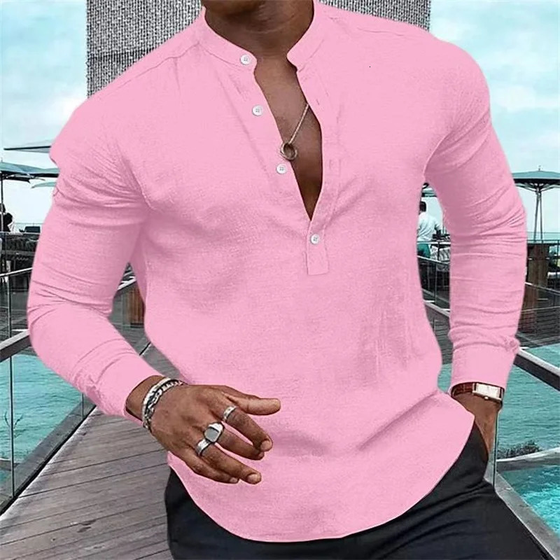 Mens Long Sleeve Solid Color Half Cardigan Henley Collar Top Shirt Casual Summer Pink Long Sleeve Hawaiian Vacation Shirt 250409