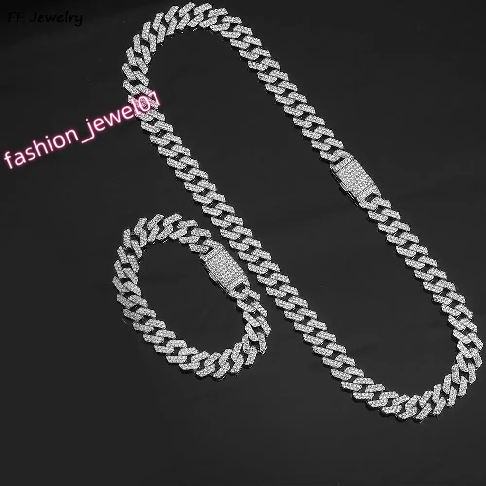 12mm set of Men Women Hip Hop Iced Out Bling Prong Cuban Chain Necklace Paved Rhinestone Link Chain Choker Necklace Men Jewelry