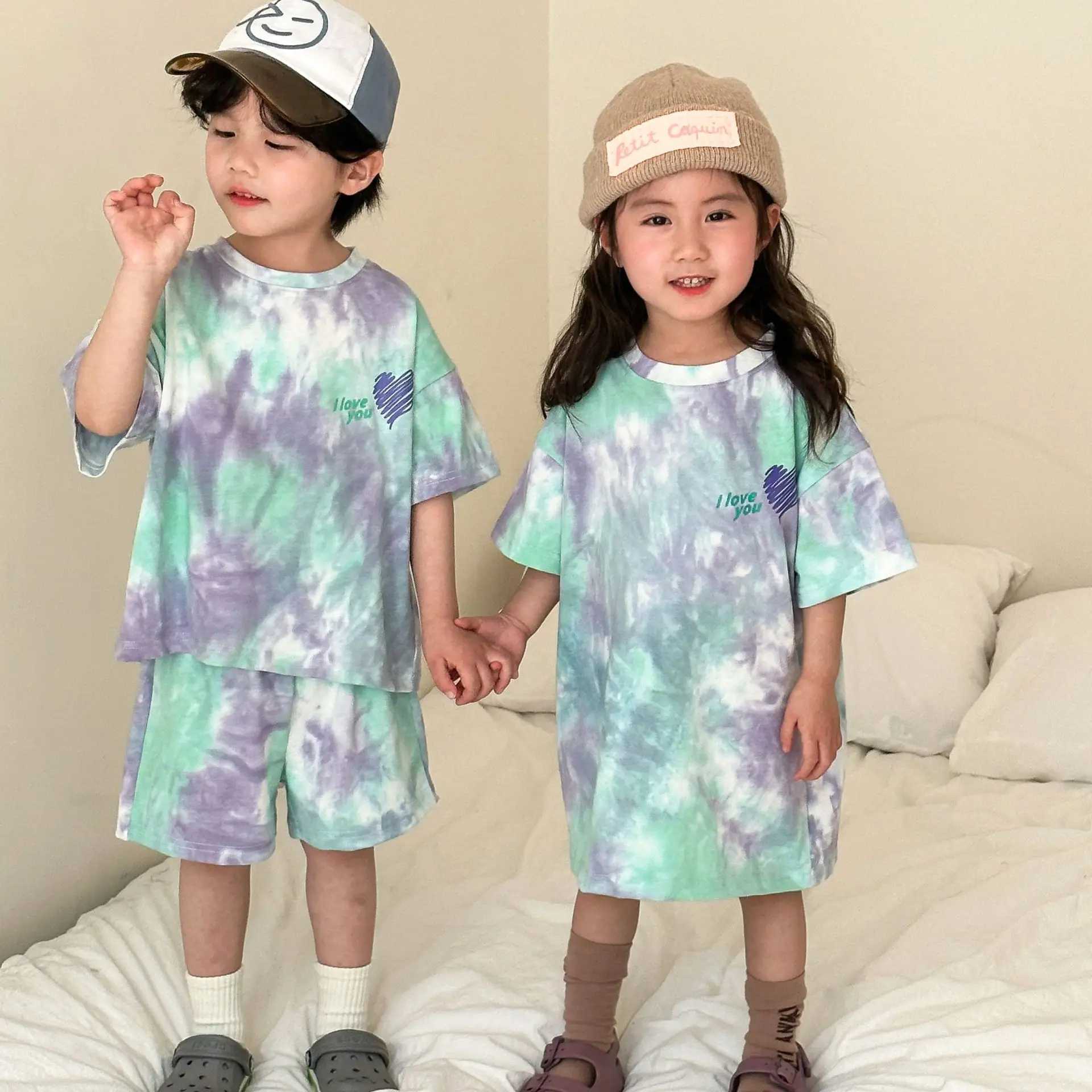 Brother Sister Clothes 2024 Summer New Mens Baby Set Lace up Dyeing Girls T-shirt Dress Casual Full Match Street Clothing 1-10 Years Old S2548